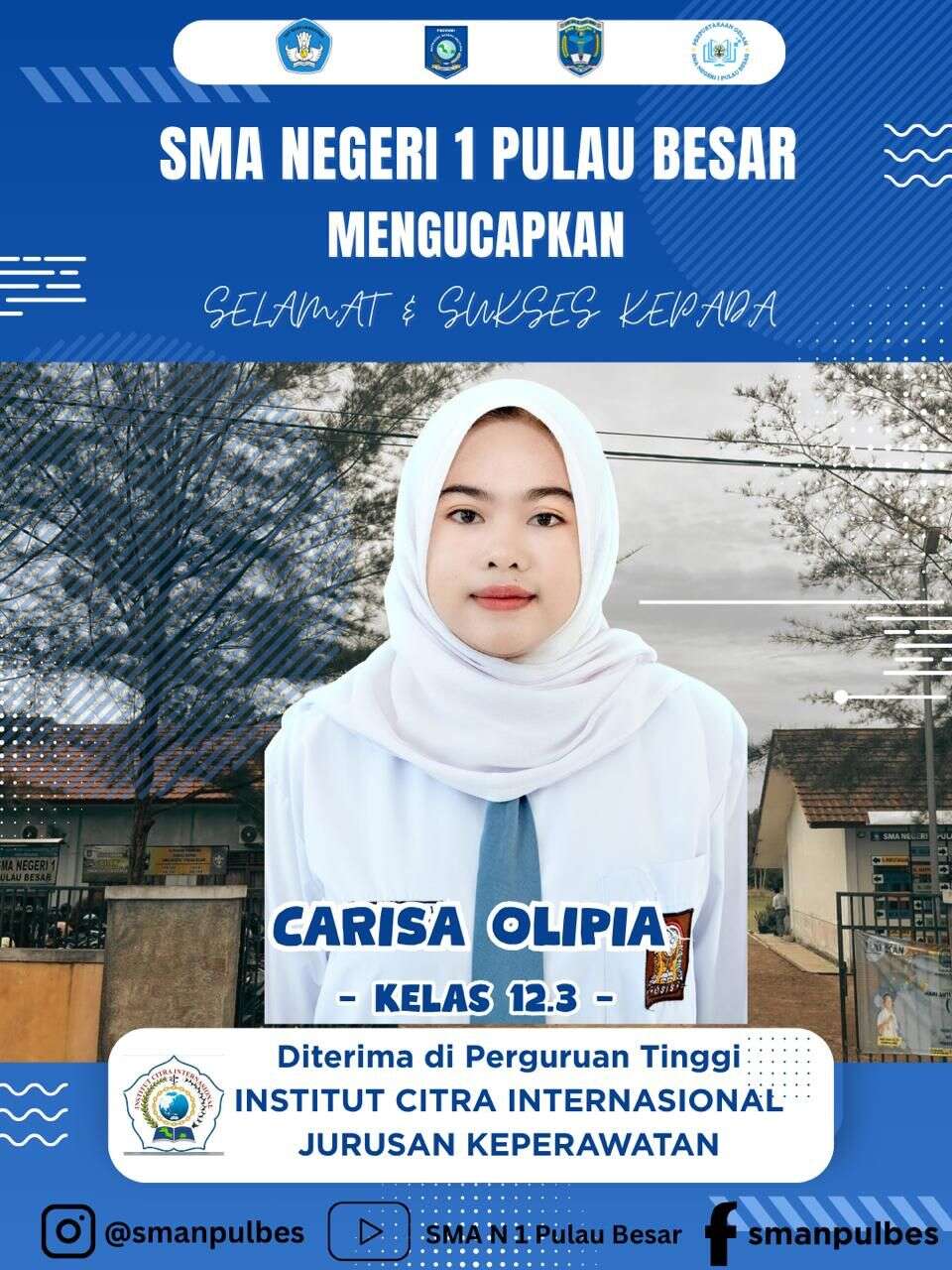 Selamat kami ucapkan kepada Carissa Olivia Telah Lolos Seleksi dan diterima di kampus impian Institut Citra Internasional (ICI)